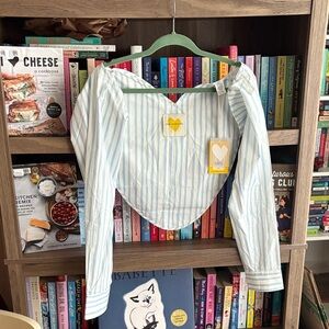 Kerri Rosenthal Blue and White Striped Hug Shrug Cotton Top
